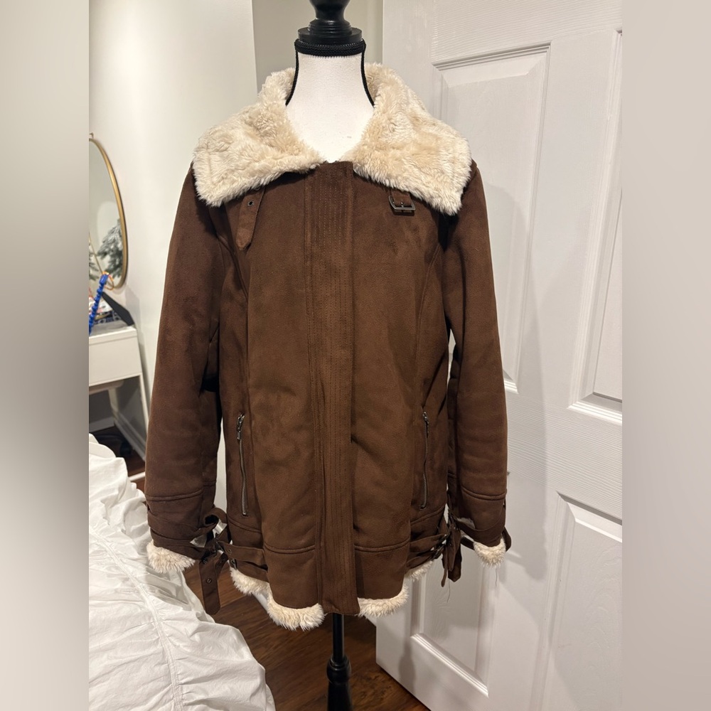 Penningtons Brown Faux Suede Sherpa Aviator Jacket Plus Size 1X